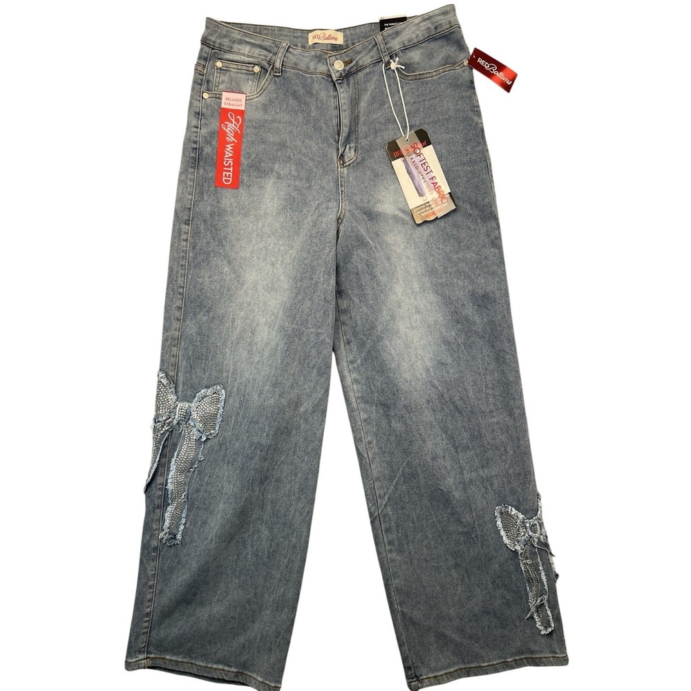 Red Bottoms Women High Waisted Relaxed Straight Rhinestone‎ Bow Jeans 16 (34x30)